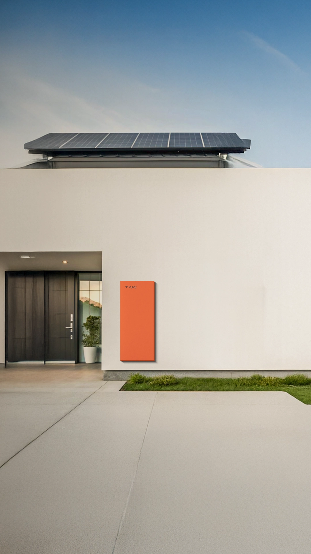 PURE EV energy solutions featuring interconnected battery systems, promoting clean energy, grid stability, and electric mobility support.